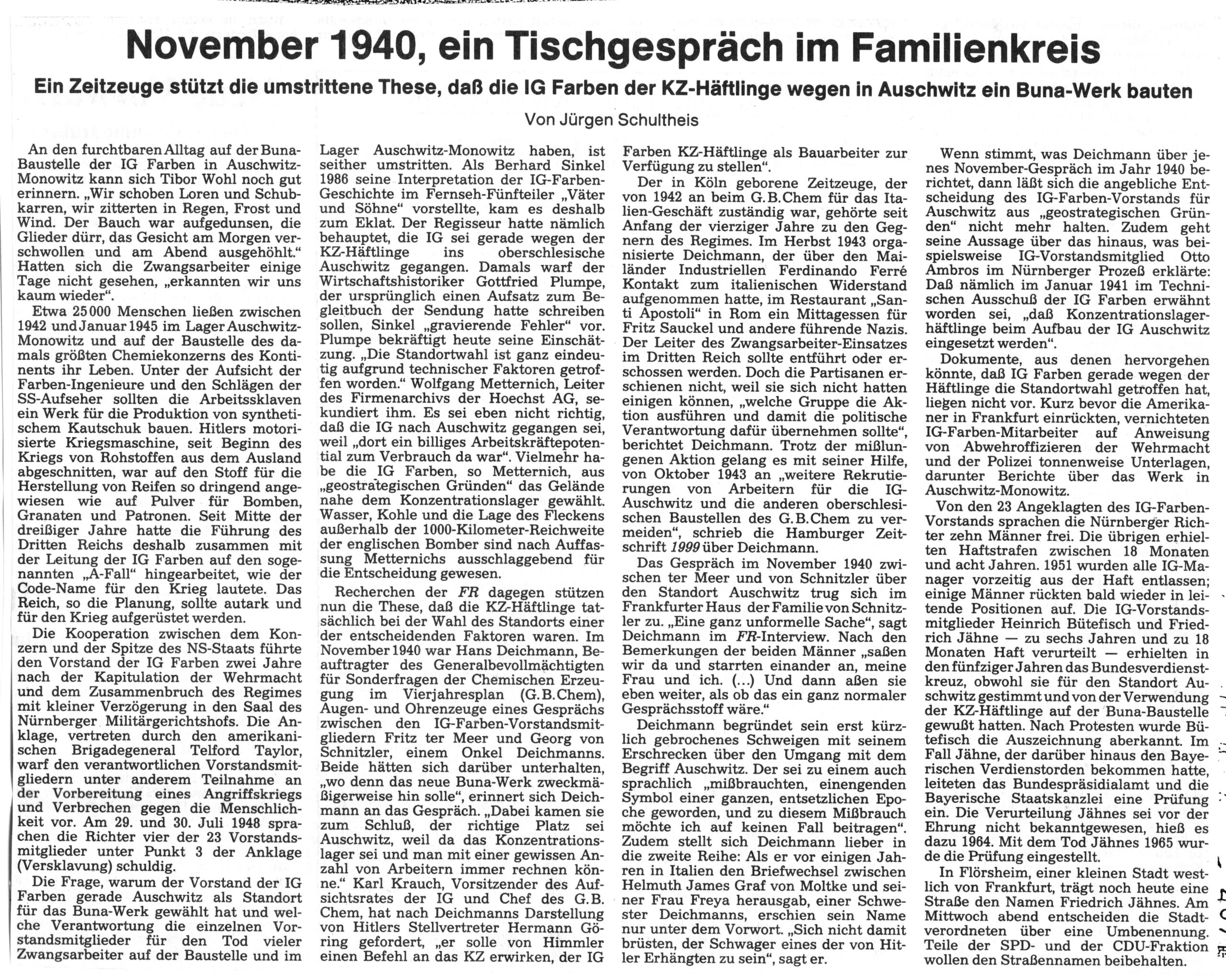 Friedrich Jähne, Louisiana State University, Paul M. Hebert, Auschwitz, IG Farben, Buna-Werk, Tibor Wohl, Dr Hans Deichmann, Frankfurter Rundschau 