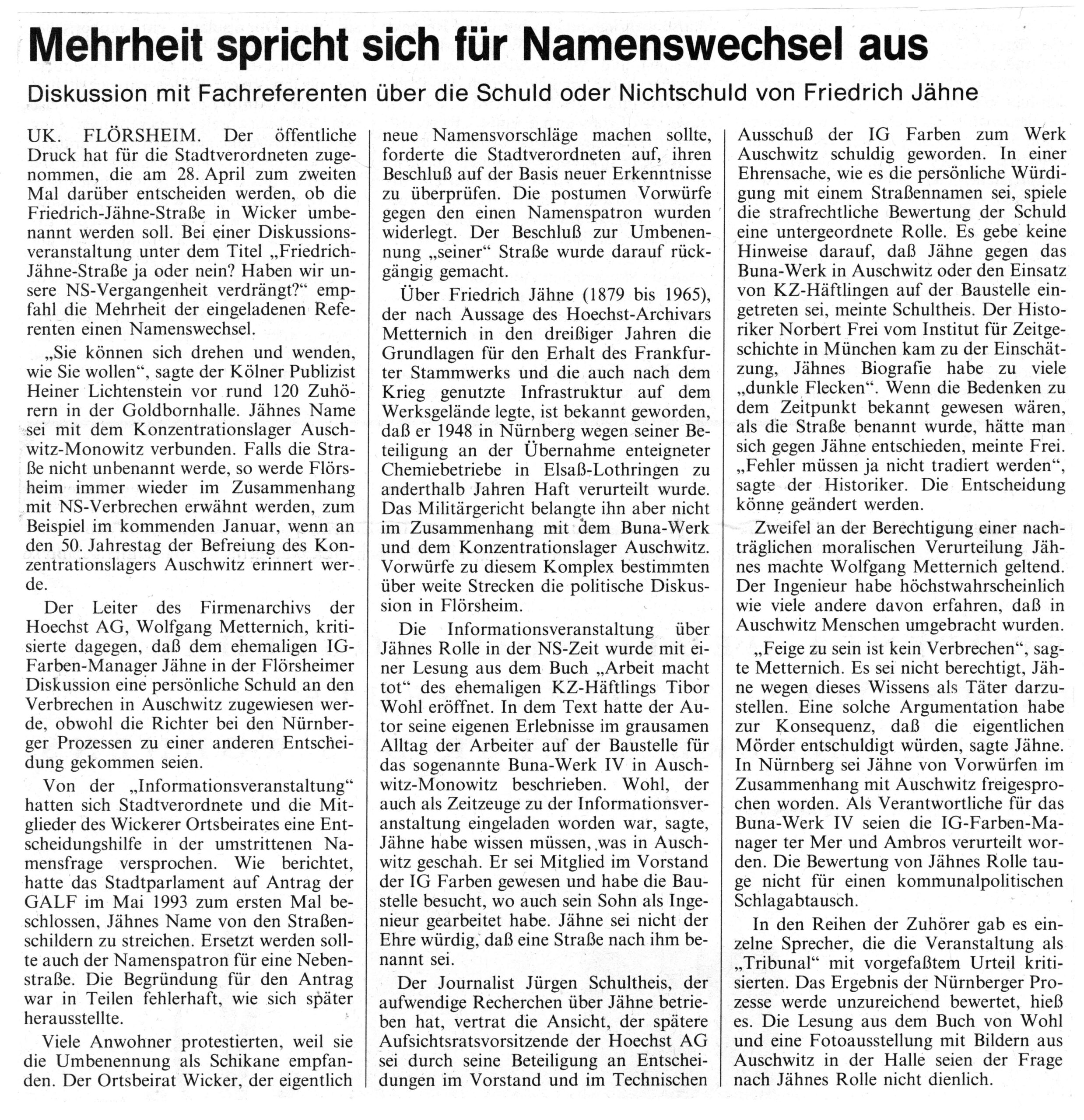 Friedrich Jähne, Louisiana State University, Paul M. Hebert, Auschwitz, IG Farben, Buna-Werk, Tibor Wohl, Dr Hans Deichmann, Frankfurter Rundschau, Frankfurter Allgemeine Zeitung 