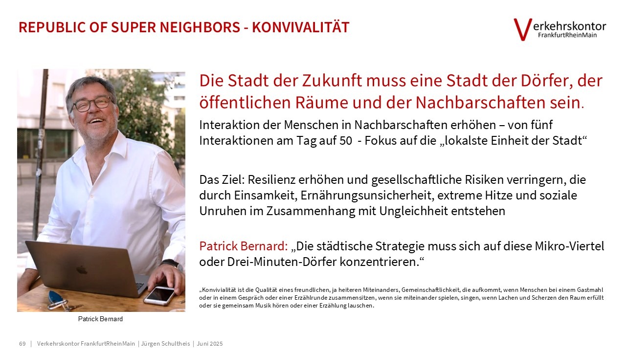 Verkehrskontor FrankfurtRheinMain, Jürgen Schultheis, 15-Minuten-Stadt, Bürgerrat Klima, Drei-Minuten-Stadt, Klimawandel, Luke Kemp, Hans Jonas, Mobilität, Patrick Bernard, Planetary Boundaries, Radverkehr, Republic of super neighbors, Superblocks, Sven Eggimann, Tempo 30, Ulrich Beck, Verbrennungsmotor, Verkehr, Willy Brandt, Metamorphose