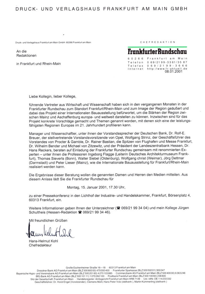 Landschafts- und Strukturausstellung Regionale, Metropolitana, Jürgen Schultheis, Metropolregion FrankfurtRheinMain, Region, Frankfurt am Main, Ludwig Landmann, Rhein-Mainischer Städtekreis, Deutsche Bank, Rolf Breuer, Messe Frankfurt, Michael von Zitzewitz, Flughafen Frankfurt, Fraport, Wilhelm Bender, Wirtschaftsinitiative Frankfurt, Themenwelt, arthesia AG, Prof. Thomas Sieverts, Prof. Dr. Walter Siebel, Prof. Wolfgang Christ, Petra Roth, Herbert Hirschler, Hessen, Nikolai Lutzky, Frankfurter Rundschau, IHK Frankfurt am Main, IBA Emscher Park