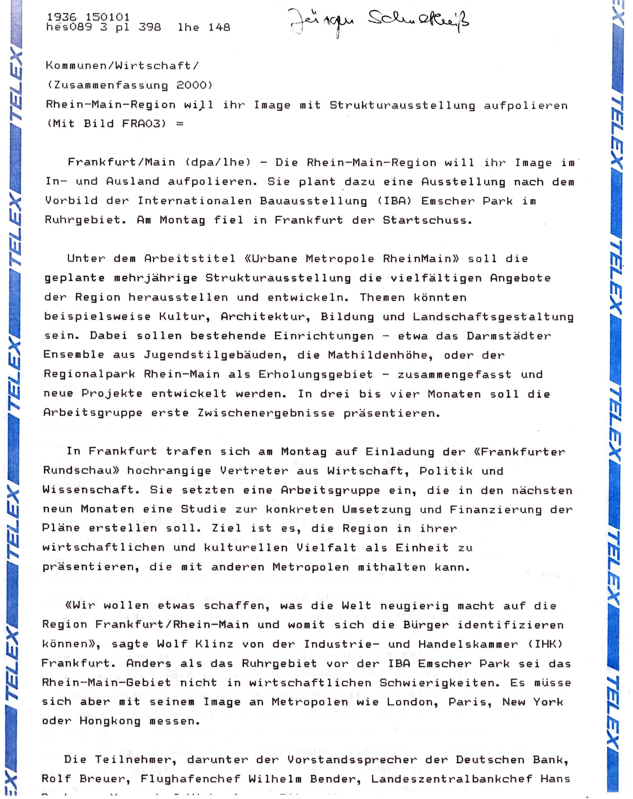 Landschafts- und Strukturausstellung Regionale, Metropolitana, Jürgen Schultheis, Metropolregion FrankfurtRheinMain, Region, Frankfurt am Main, Ludwig Landmann, Rhein-Mainischer Städtekreis, Deutsche Bank, Rolf Breuer, Messe Frankfurt, Michael von Zitzewitz, Flughafen Frankfurt, Fraport, Wilhelm Bender, Wirtschaftsinitiative Frankfurt, Themenwelt, arthesia AG, Prof. Thomas Sieverts, Prof. Dr. Walter Siebel, Prof. Wolfgang Christ, Petra Roth, Herbert Hirschler, Hessen, Nikolai Lutzky, Frankfurter Rundschau, IHK Frankfurt am Main, IBA Emscher Park
