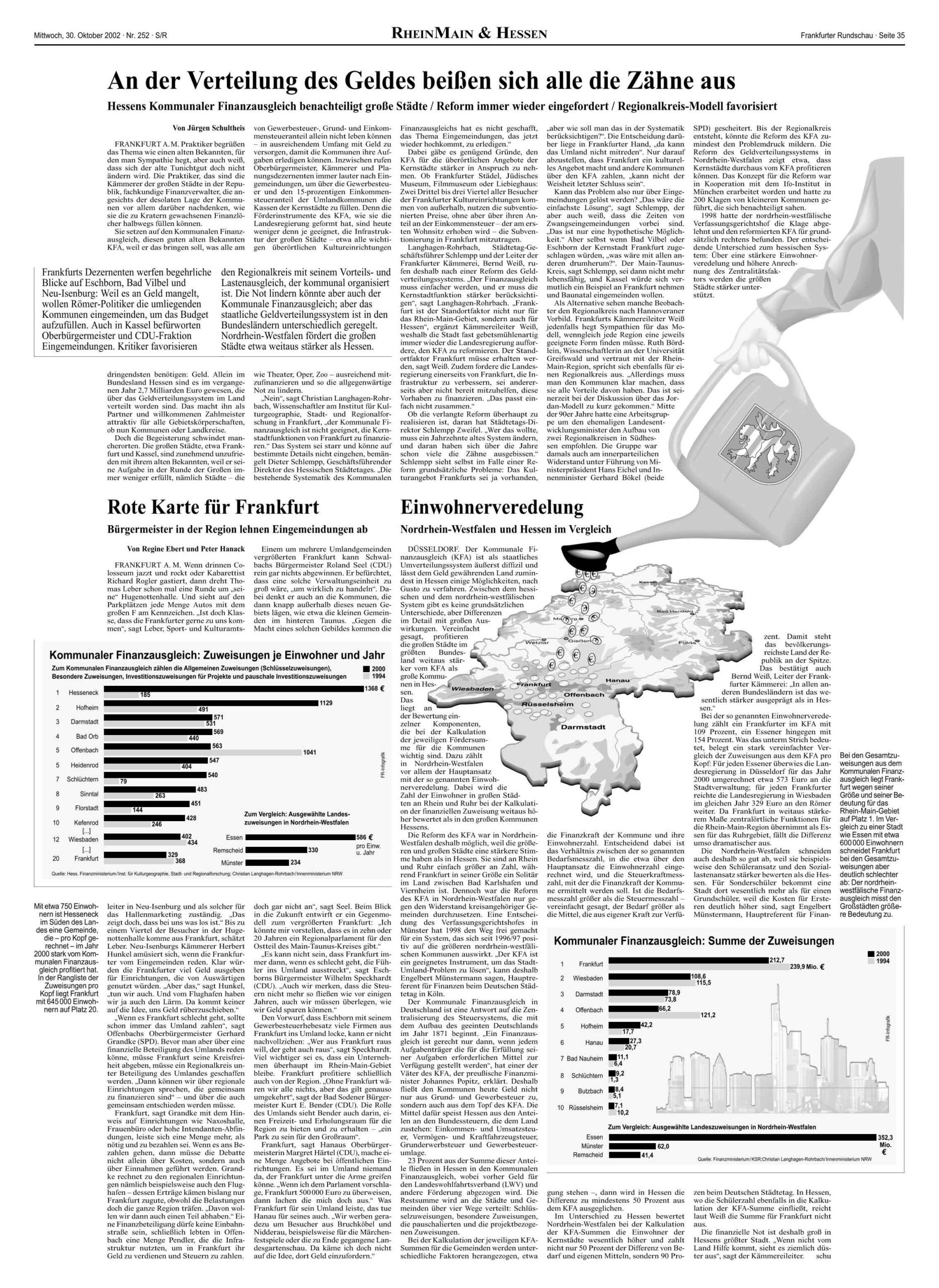 Heinrich Mäding, Difu, Deutsches Institut für Urbanistik, Horst Zimmermann, Gerhard Grandke, Johannes Popitz, Margret Härtel, Bernd Hausmann, Christian Langhagen-Rohrbach, Hessen, Wirtschaft, Kommunaler Finanzausgleich, KFA, Jürgen Schultheis, Frankfurter Rundschau, Verkehrskontor FrankfurtRheinMain, Metropolregion, FrankfurtRheinMain
