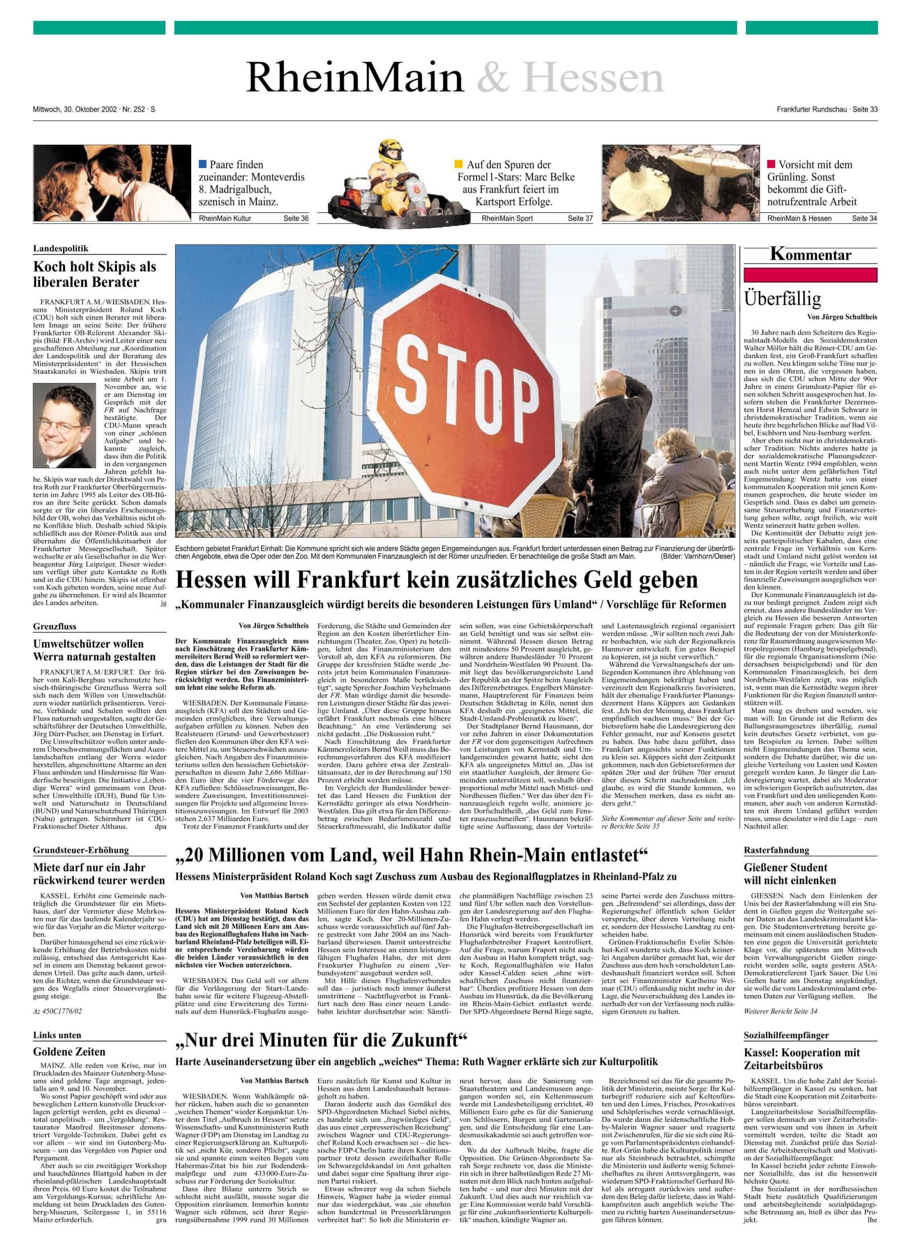 Heinrich Mäding, Difu, Deutsches Institut für Urbanistik, Horst Zimmermann, Gerhard Grandke, Johannes Popitz, Margret Härtel, Bernd Hausmann, Christian Langhagen-Rohrbach, Hessen, Wirtschaft, Kommunaler Finanzausgleich, KFA, Jürgen Schultheis, Frankfurter Rundschau, Verkehrskontor FrankfurtRheinMain, Metropolregion, FrankfurtRheinMain