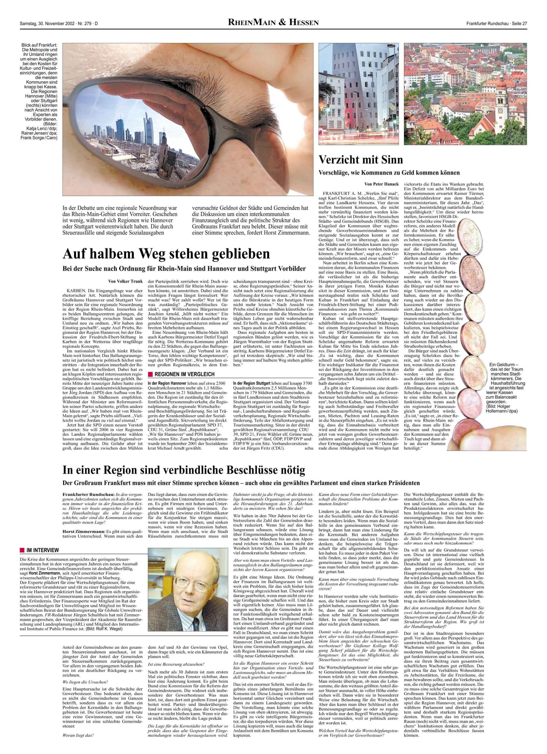 Heinrich Mäding, Difu, Deutsches Institut für Urbanistik, Horst Zimmermann, Gerhard Grandke, Johannes Popitz, Margret Härtel, Bernd Hausmann, Christian Langhagen-Rohrbach, Hessen, Wirtschaft, Kommunaler Finanzausgleich, KFA, Jürgen Schultheis, Frankfurter Rundschau, Verkehrskontor FrankfurtRheinMain, Metropolregion, FrankfurtRheinMain