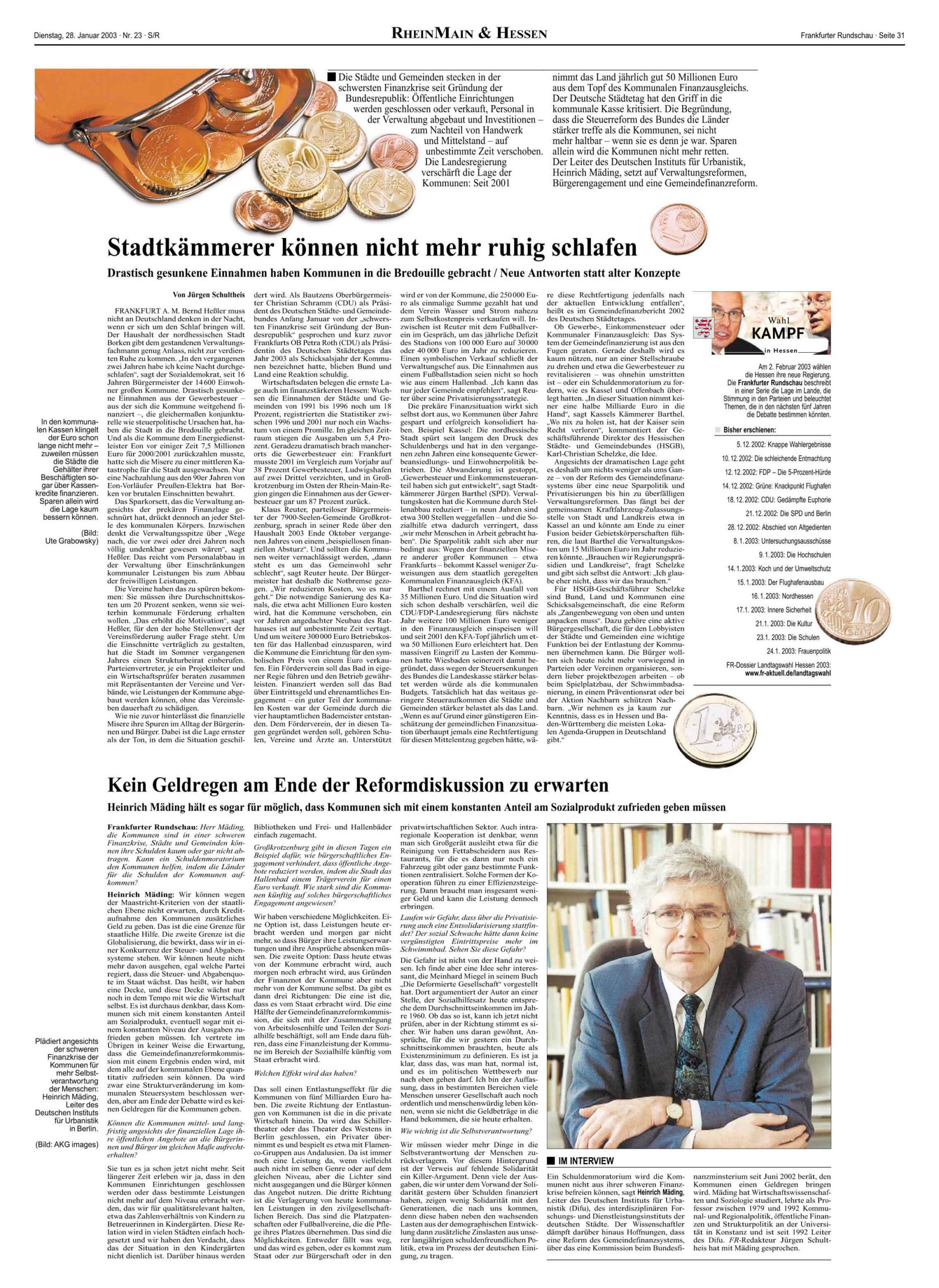 Heinrich Mäding, Difu, Deutsches Institut für Urbanistik, Horst Zimmermann, Gerhard Grandke, Johannes Popitz, Margret Härtel, Bernd Hausmann, Christian Langhagen-Rohrbach, Hessen, Wirtschaft, Kommunaler Finanzausgleich, KFA, Jürgen Schultheis, Frankfurter Rundschau, Verkehrskontor FrankfurtRheinMain, Metropolregion, FrankfurtRheinMain