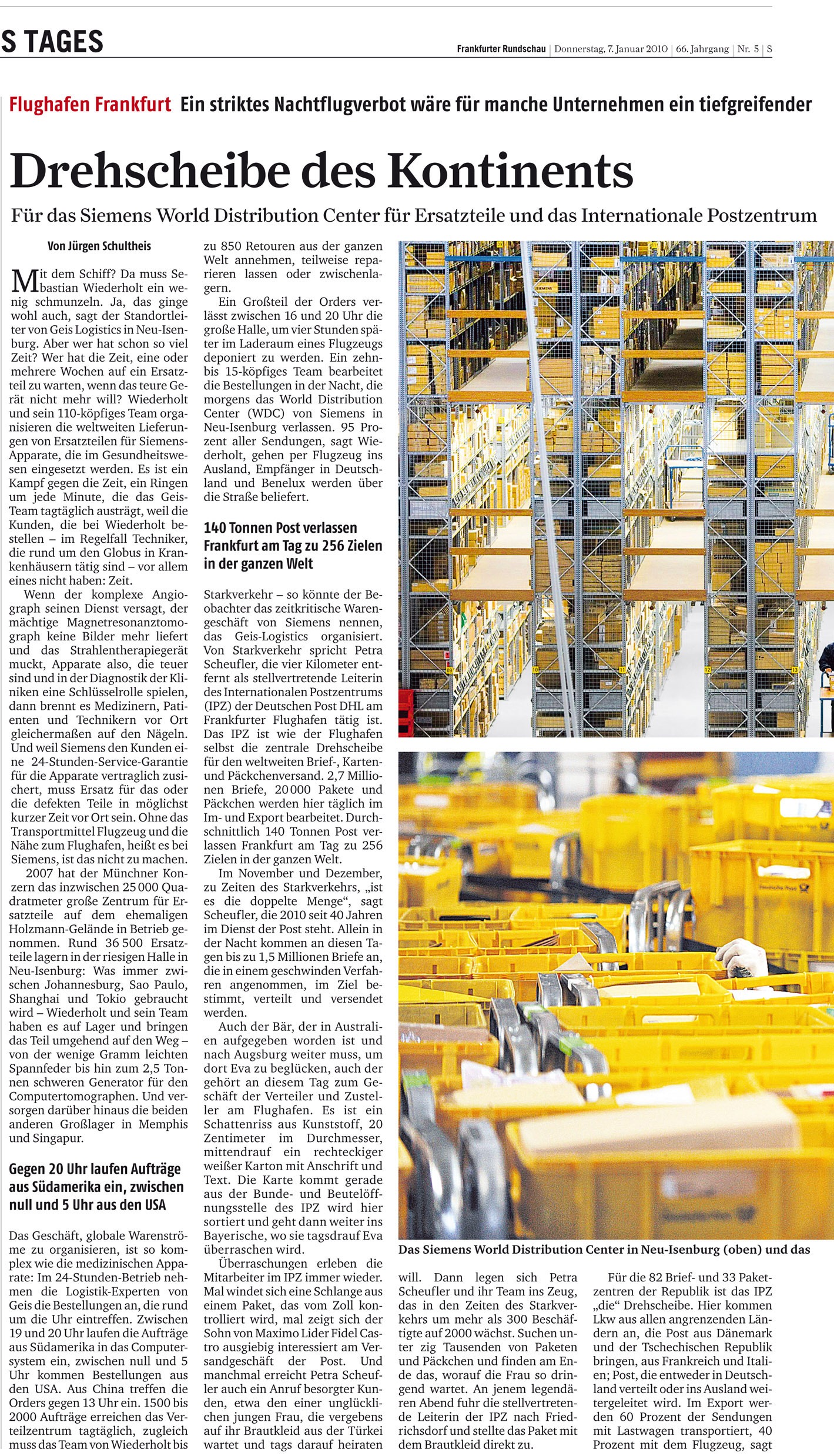 Deutsche Post, DHL, Frank Appel, Logistik, Nachtsprung, Nachtflugverbot, Geis Logistics, Internationales Postzentrum, Flughafen Frankfurt, Air Cargo, Jürgen Schultheis, Frankfurter Rundschau