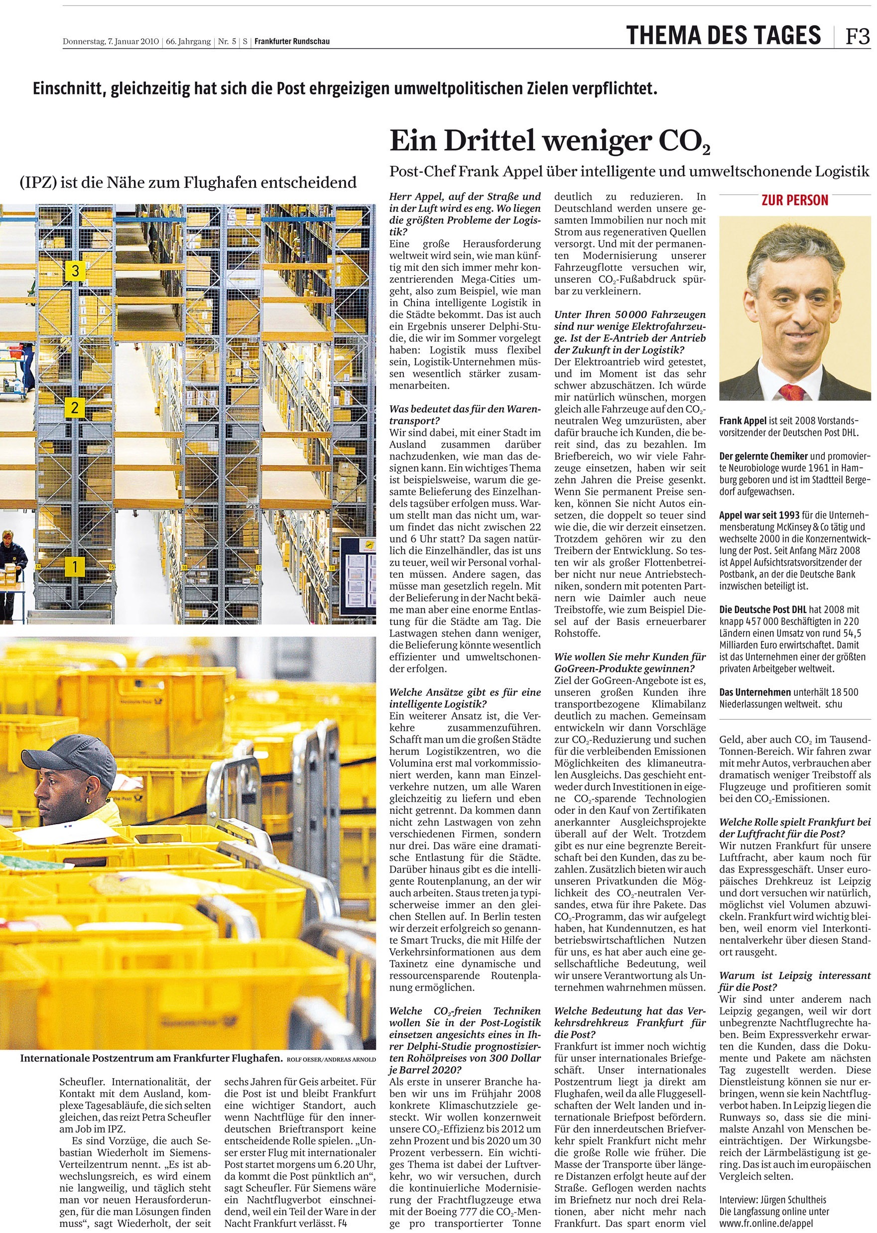 Deutsche Post, DHL, Frank Appel, Logistik, Nachtsprung, Nachtflugverbot, Geis Logistics, Internationales Postzentrum, Flughafen Frankfurt, Air Cargo, Jürgen Schultheis, Frankfurter Rundschau