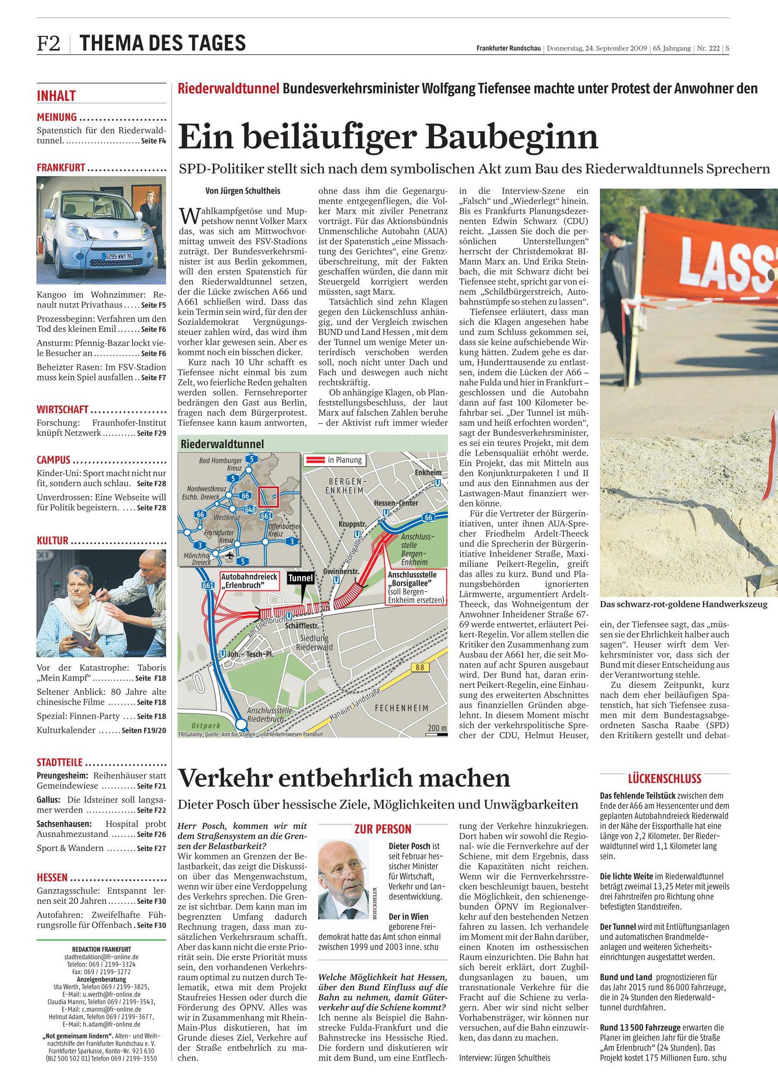 Riederwaldtunnel, Frankfurt, A66, A661m Spatenstich, Bundesverkehrsminister Wolfgang Tiefensee, Dieter Posch, Friedhelm Ardelt-Theeck, Volker Marx, Sascha Raabe, SPD, Aktionsbündnis Unmenschliche Autobahn, AUA, Jürgen Schultheis, Frankfurter Rundschau, Verkehr, Mobilität